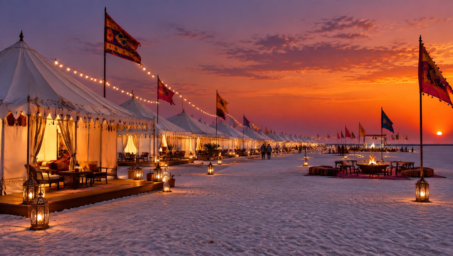 Rann Utsav festival tent city glowing at dusk on the White Rann of Kutch